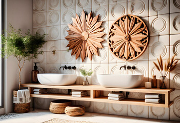 Bathroom interior in boho eco style with decorative elements