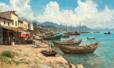 Coastal village with boats moored at shore.