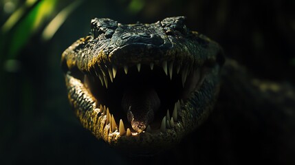 Close-up of a menacing alligator with open mouth showcasing sharp teeth in a dark, jungle-like setting.