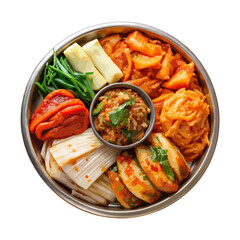 Front view of Kimchi Banchan Platter with an assortment of different kimchi varieties isolated on a white transparent background