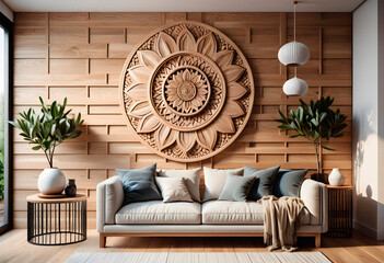 Living room interior in boho eco style with decorative elements and wonderful view