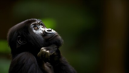 Naklejka premium A Reflective Moment: This stunning image captures a gorilla thoughtfully gazing upwards, expressing curiosity and wonder amidst a lush, green jungle backdrop, evoking deep emotions.