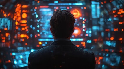 dynamic business professional presenting data through an interactive holographic display futuristic office setting with sleek design elements and ambient blue lighting