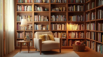 A cozy Scandinavian-style home library with built-in bookshelves