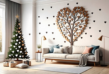 Living room interior in boho eco style with decorative elements and wonderful view