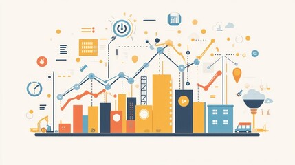 Fototapeta premium A stylized graphic depicting industrial buildings, data charts, and technology elements.