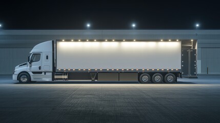 A sleek, illuminated truck parked in a warehouse area at night.