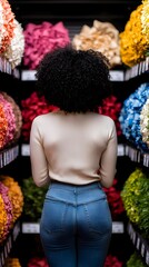 Woman exploring vibrant floral arrangements in a shop