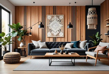 Living room interior in boho eco style with decorative elements and wonderful view