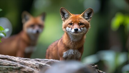Fototapeta premium A bright-eyed fox stands confidently on a log, capturing the viewer's awe as it explores its vibrant, lush forest habitat with a playful curiosity and undeniable charm.