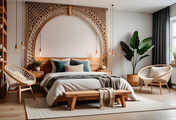 Bedroom interior in boho eco style with decorative elements
