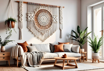 Living room interior in boho eco style with decorative elements and wonderful view