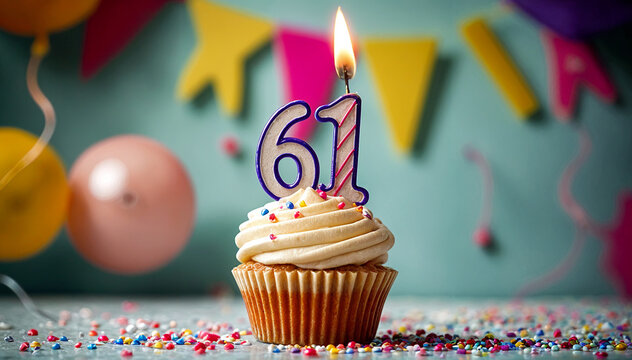Birthday cupcake with burning lit candle with number 61. Number sixty-one for sixty-one years or sixty-first anniversary.