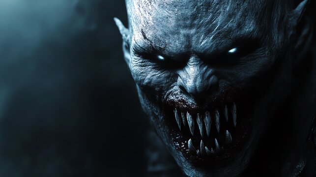 Terrifying monster with glowing eyes and sharp teeth in dark, eerie atmosphere, perfect for horror and thriller themes.