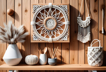 Living room interior in eco style with boho decorative elements