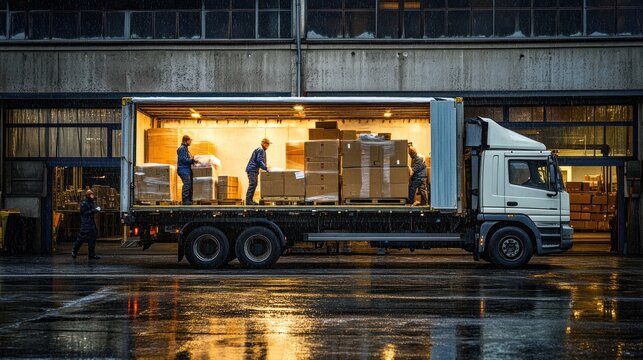 A truck is being loaded with boxes in a warehouse during rainy weather.