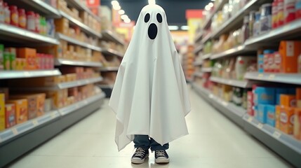 Person dressed as ghost in grocery aisle