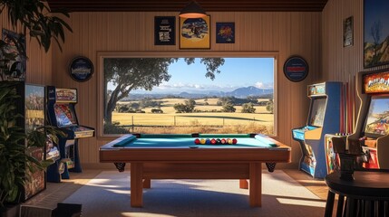 A cozy Scandinavian-style home game room with a pool table