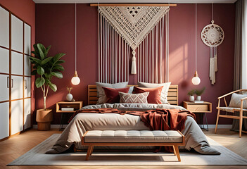 Bedroom interior in boho eco style with decorative elements