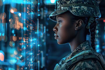 A woman in a military uniform stands at a window, looking outside