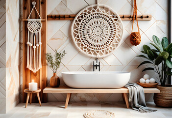Bathroom interior in boho eco style with decorative elements