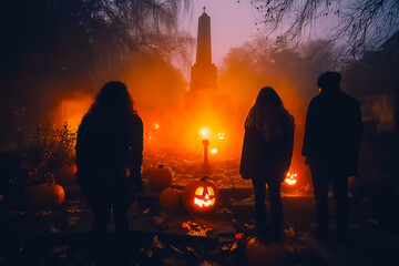 Group of several teenagers and recognizable people with their backs to the camera in a cemetery on Halloween night of the living dead with pumpkins with drawn faces and candles inside with Orange ligh