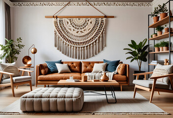 Living room interior in boho eco style with decorative elements and wonderful view