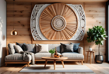 Living room interior in boho eco style with decorative elements and wonderful view