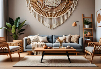 Living room interior in boho eco style with decorative elements and wonderful view