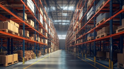 Fototapeta premium Automated high-rack warehouse, showcasing modern industrial storage solutions. 
