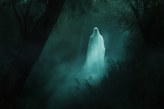 Ethereal ghostly figure in a dark, misty forest creates a spooky, mysterious atmosphere, perfect for Halloween or horror themes.