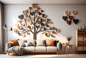 Living room interior in eco style with boho decorative elements