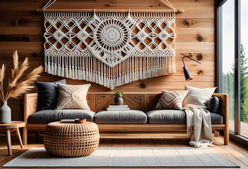 Living room interior in boho eco style with decorative elements and wonderful view