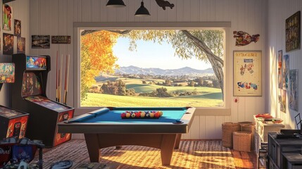 A cozy Scandinavian-style home game room with a pool table