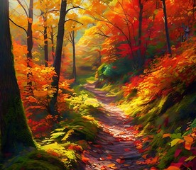 Autumn Pathway Through Vibrant Colorful Forest