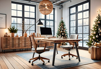 Modern office interior	with christmas decorations and new year tree. AI generated.