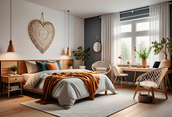 Bedroom interior in boho eco style with decorative elements