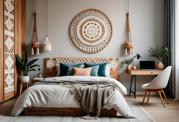 Bedroom interior in boho eco style with decorative elements
