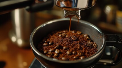 Espresso being brewed with coffee grounds and beans in a portafilter.