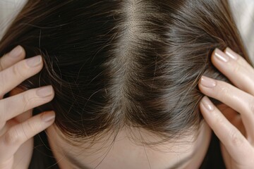 Fototapeta premium A woman sitting or standing with her hands on her head, possibly feeling frustrated, upset, or confused