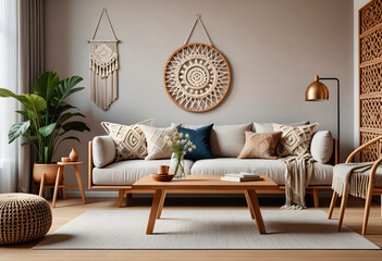 Living room interior in boho eco style with decorative elements and wonderful view