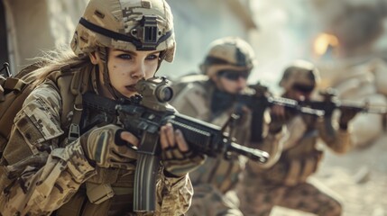 Fototapeta premium A woman in a military uniform holds a rifle, suitable for use in historical or contemporary themes