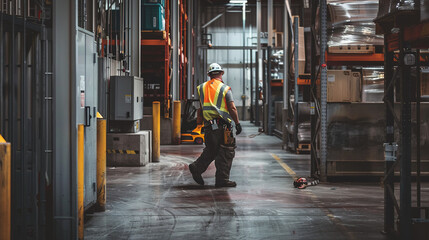 Fototapeta premium View from behind of a large warehouse worker as he walks between large shelves wearing a hard hat and reflective vest