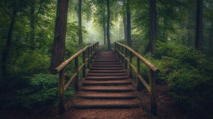 Obraz premium A serene forest path with wooden stairs leading through lush greenery and misty ambiance.