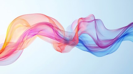 Fototapeta premium Abstract ribbons in pink, blue, and orange swirl and flow smoothly on a light blue background, creating dynamic motion. No people.