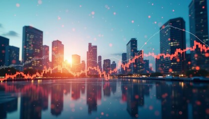 Fototapeta premium Cityscape at sunset with financial charts symbolizing economic growth and prosperity