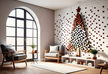 Living room interior in boho eco style with decorative elements and wonderful view