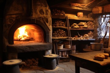 Wood-Fired Oven: Showcase the flames and warmth of a wood-fired oven, with a village smithy visible through the bakery window.
