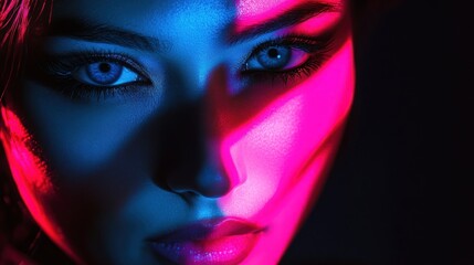 A close-up portrait featuring dramatic lighting and striking blue and pink hues.