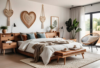 Bedroom interior in boho eco style with decorative elements